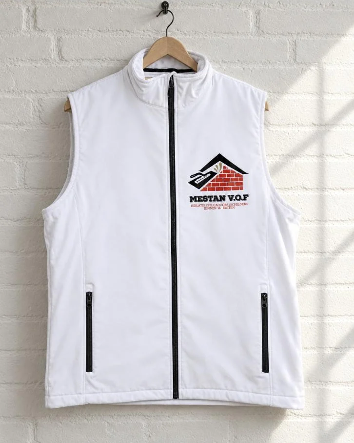 Witte bodywarmer met logo van Mestan V.O.F