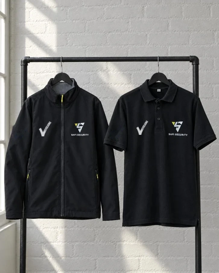 Softshell en polo met logo van Safi Security, beveiligingslogo op de borst